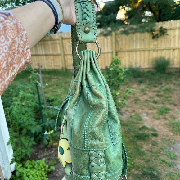 Isabella Fiore Love Dove Tattoo Bag Green Leather Hand Painted Signed HTF RARE - Picture 6 of 14